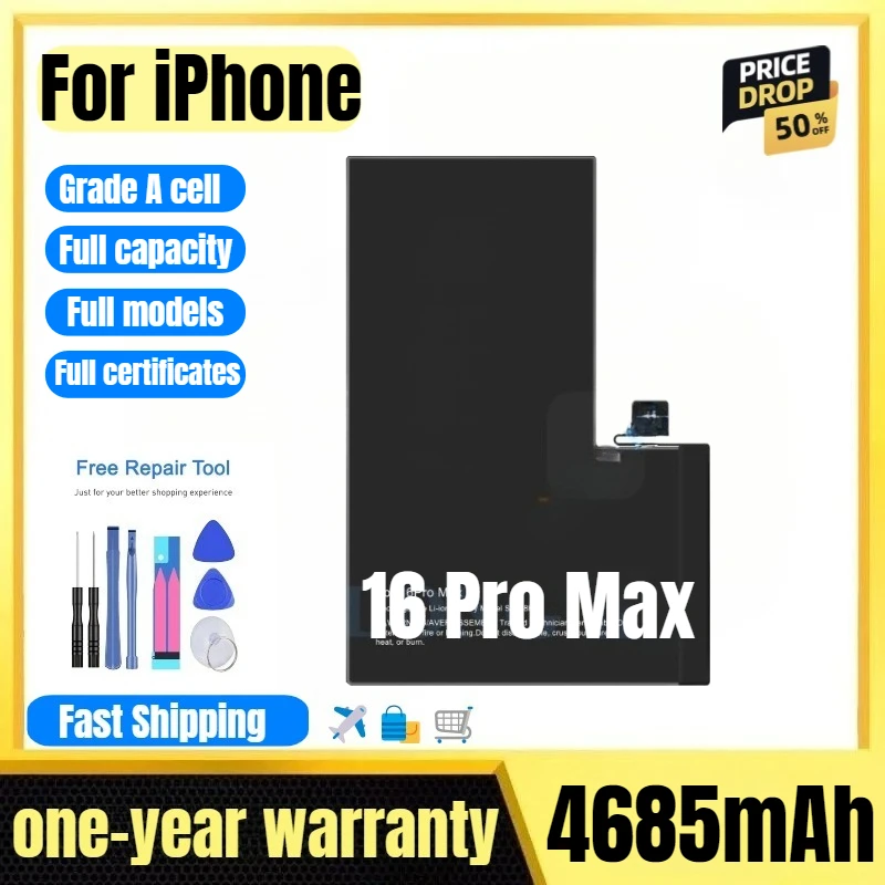 Battery for IPhone 16 ProMax Mobile Phone Battery High Quality High Capacity Battery Replacement Bateria Grade A Cell with Tools
Battery for IPhone 16 ProMax Mobile Phone Battery High Quality High Capacity Battery Replacement Bateria Grade A Cell with Tools