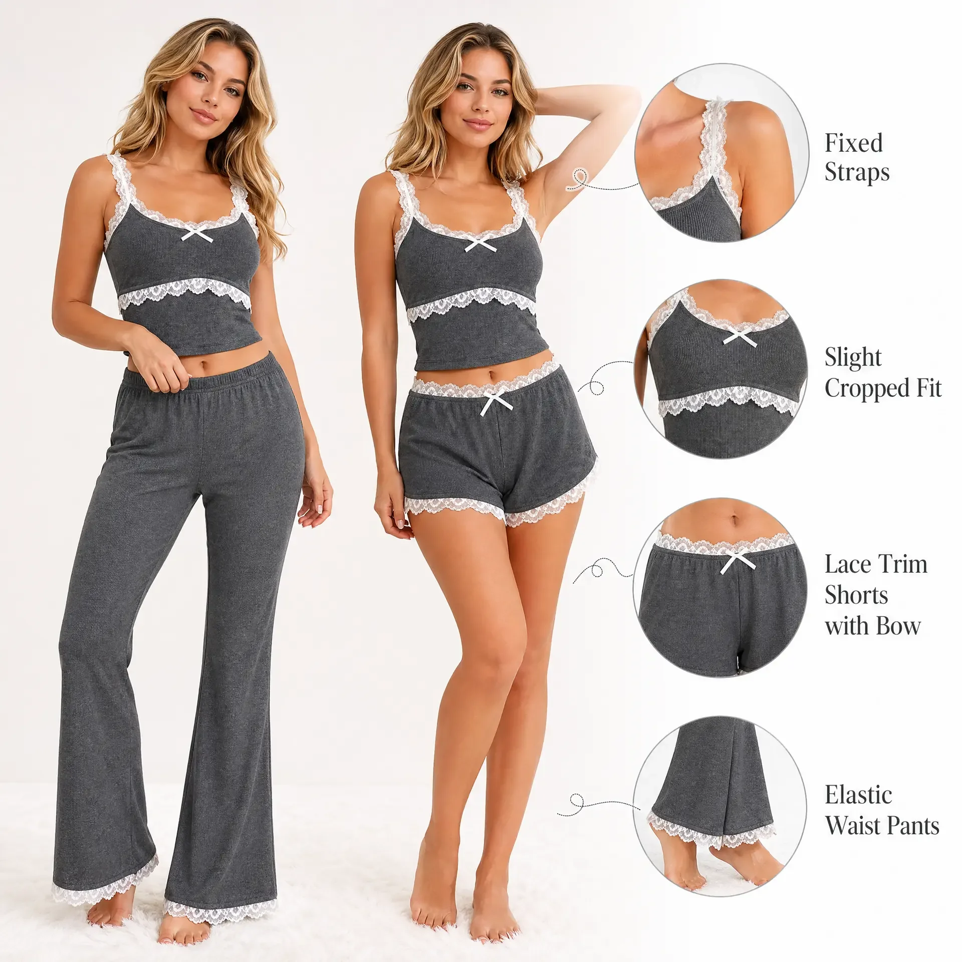 2026 Spring/Summer French-Style Girly Dark Gray Lace Women's Pajamas, Can Be Worn Outside, Pure Desire Loungewear, Mother's Day Gift Three-Piece Set, Ribbed Fabric
2026 Spring/Summer French-Style Girly Dark Gray Lace Women's Pajamas, Can Be Worn Outside, Pure Desire Loungewear, Mother's Day Gift Three-Piece Set, Ribbed Fabric