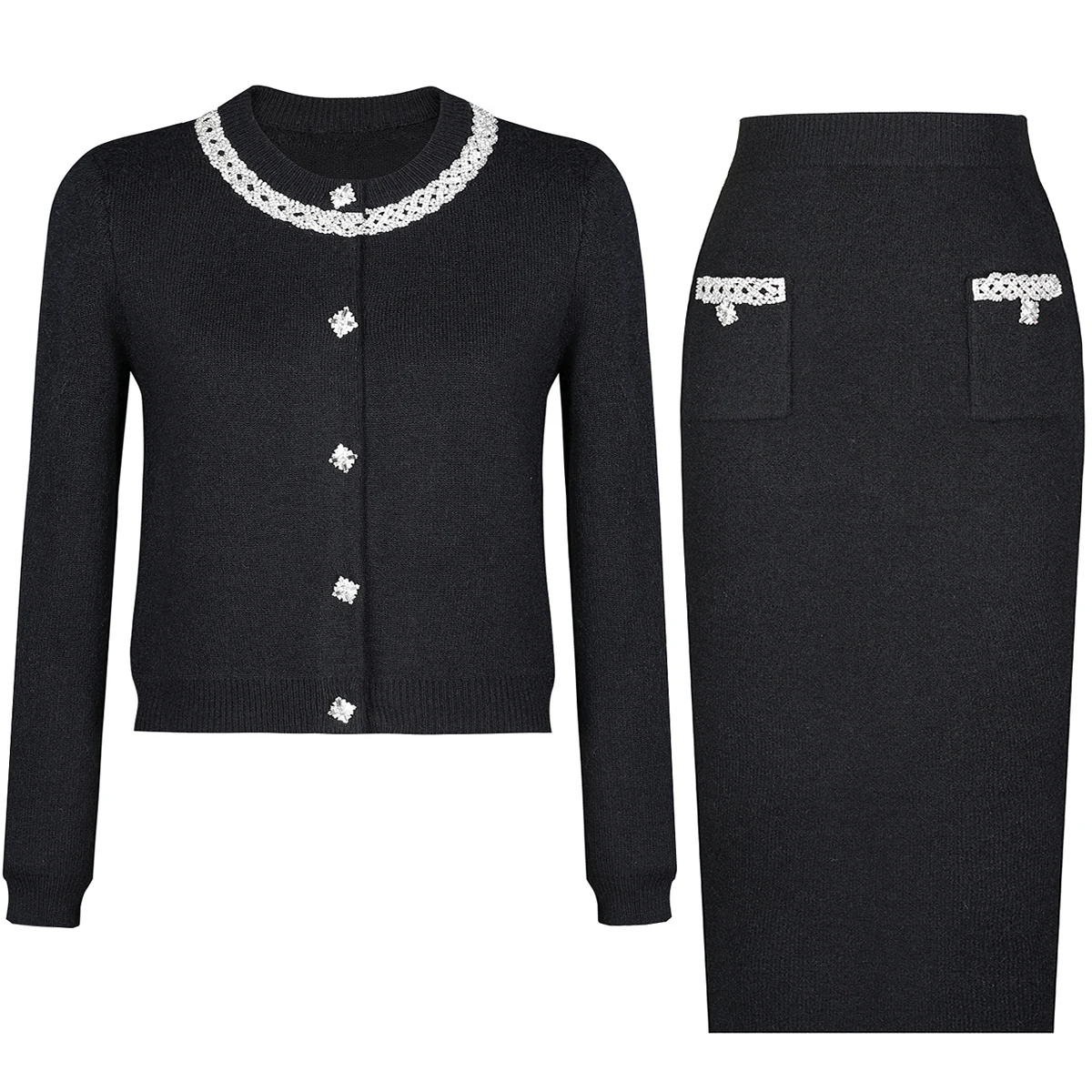 High Quality Fashionable Elastic Knitted Cashmere Texture Round Neck Nail Bead Long Sleeved Cardigan Slim Fit Skirt Women's Set
High Quality Fashionable Elastic Knitted Cashmere Texture Round Neck Nail Bead Long Sleeved Cardigan Slim Fit Skirt Women's Set
