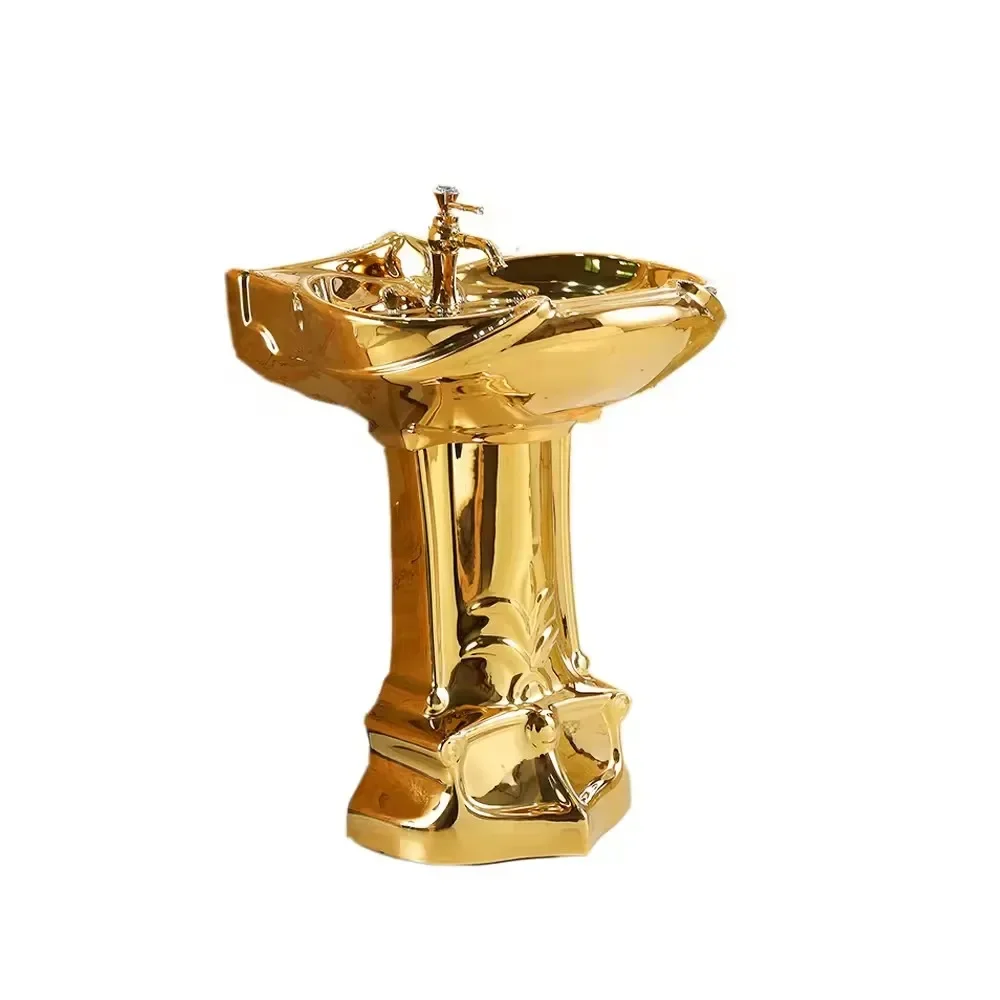 Western style electroplated base, beautiful floor to ceiling ceramic gold washbasin
Western style electroplated base, beautiful floor to ceiling ceramic gold washbasin
