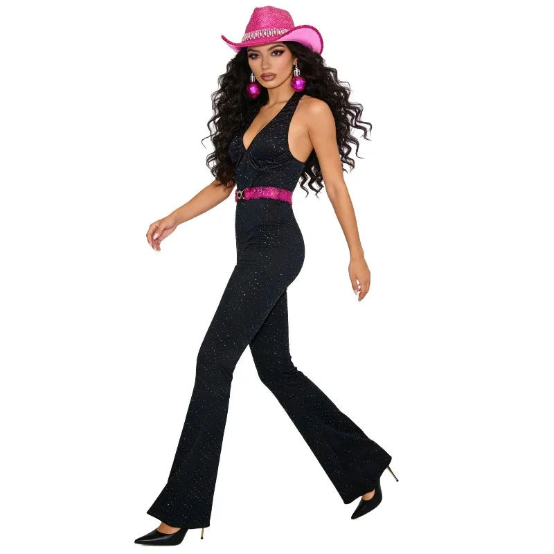 New Vintage Cosplay Costume Glitter Halter Flared Jumpsuit with Cowboy Hat Belt Disco Party Role Playing Outfits for Adult Women
New Vintage Cosplay Costume Glitter Halter Flared Jumpsuit with Cowboy Hat Belt Disco Party Role Playing Outfits for Adult Women