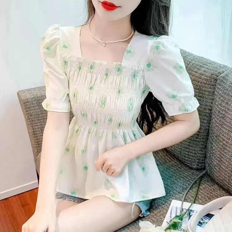 Square Collar Short-sleeved Chiffon Shirt Women's Backless New Style with Floral Super Waist-hugging E9573
Square Collar Short-sleeved Chiffon Shirt Women's Backless New Style with Floral Super Waist-hugging E9573