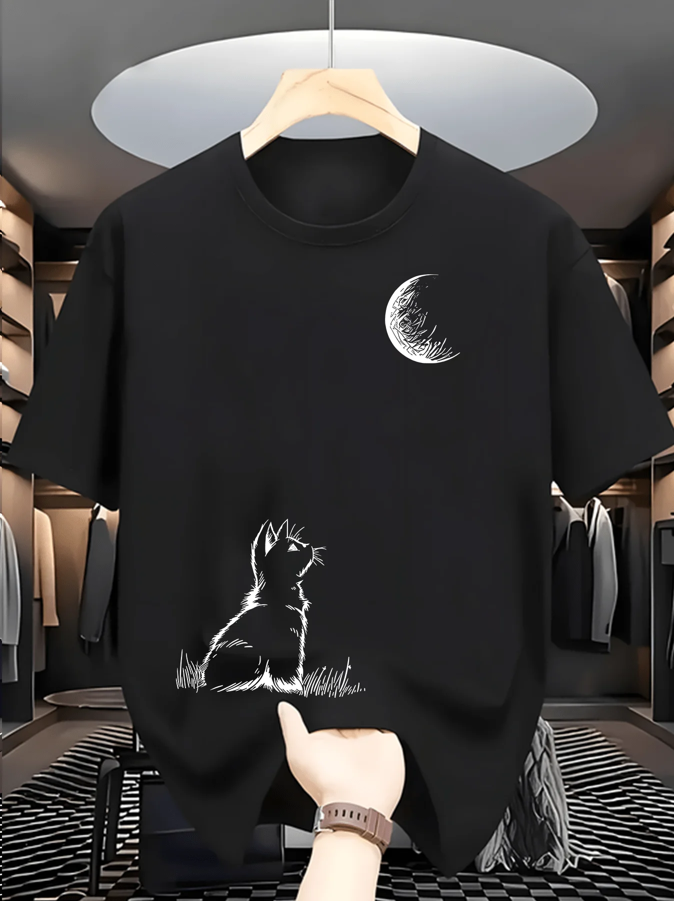 Мужская футболка с принтом, с рисунком кошки и луны - модный стиль, классический крой с круглым вырезом, повседневный топ в уличном стиле.
Мужская футболка с принтом, с рисунком кошки и луны - модный стиль, классический крой с круглым вырезом, повседневный топ в уличном стиле.