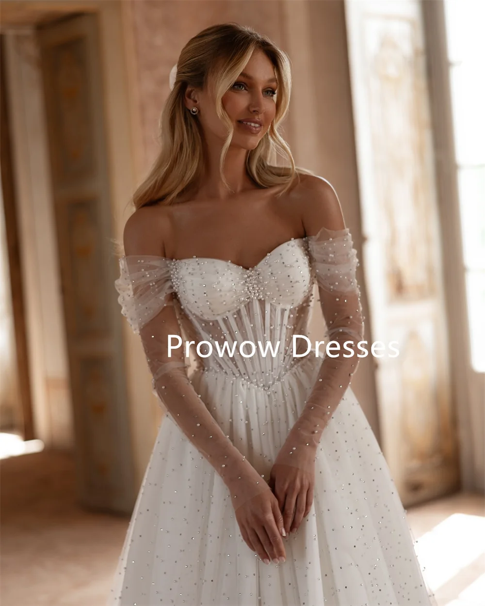 Prowow Luxury Full Pearls A Line Wedding Dresses Sweetheart Floor Length Bridal Gowns Off Shoulder Sweep Train Tulle Customized
Prowow Luxury Full Pearls A Line Wedding Dresses Sweetheart Floor Length Bridal Gowns Off Shoulder Sweep Train Tulle Customized