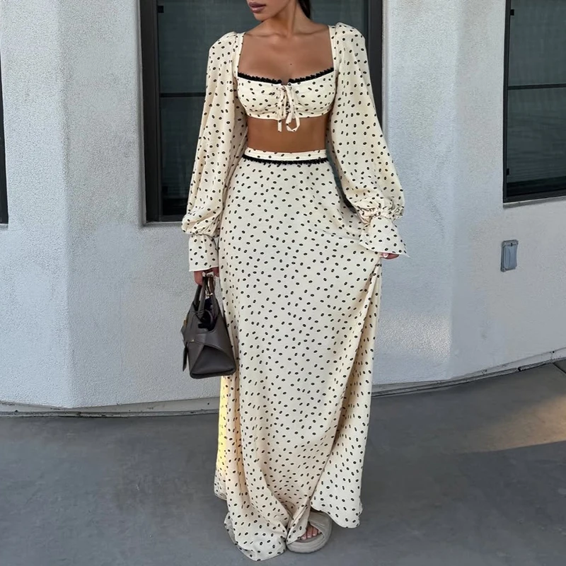 Sexy Crop Beach Holiday Suit Sweet Casual Polka Dot Printed Party 2pc Set Square Neck Long Sleeve Top + Half Skirt Women Outfit
Sexy Crop Beach Holiday Suit Sweet Casual Polka Dot Printed Party 2pc Set Square Neck Long Sleeve Top + Half Skirt Women Outfit