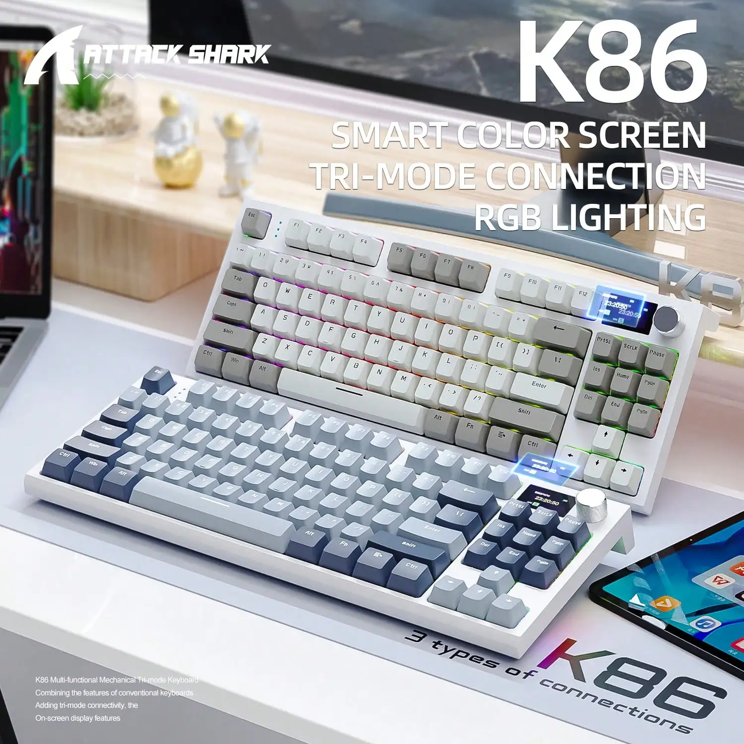 K86 three-mode RGB Bluetooth 2.4G wired luminous, display screen customized hot-swappable mechanical keyboard
K86 three-mode RGB Bluetooth 2.4G wired luminous, display screen customized hot-swappable mechanical keyboard