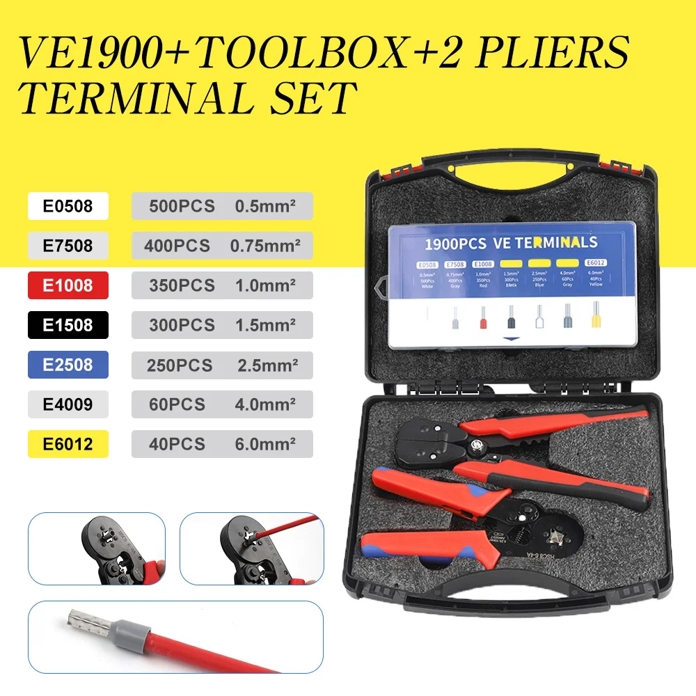 1900PCS Wire Crimping Tool Box Double Pliers VE Terminal Combination Set Multi-config Electrical Wiring Kits SN/HSC8 6-4/6A 300V
1900PCS Wire Crimping Tool Box Double Pliers VE Terminal Combination Set Multi-config Electrical Wiring Kits SN/HSC8 6-4/6A 300V