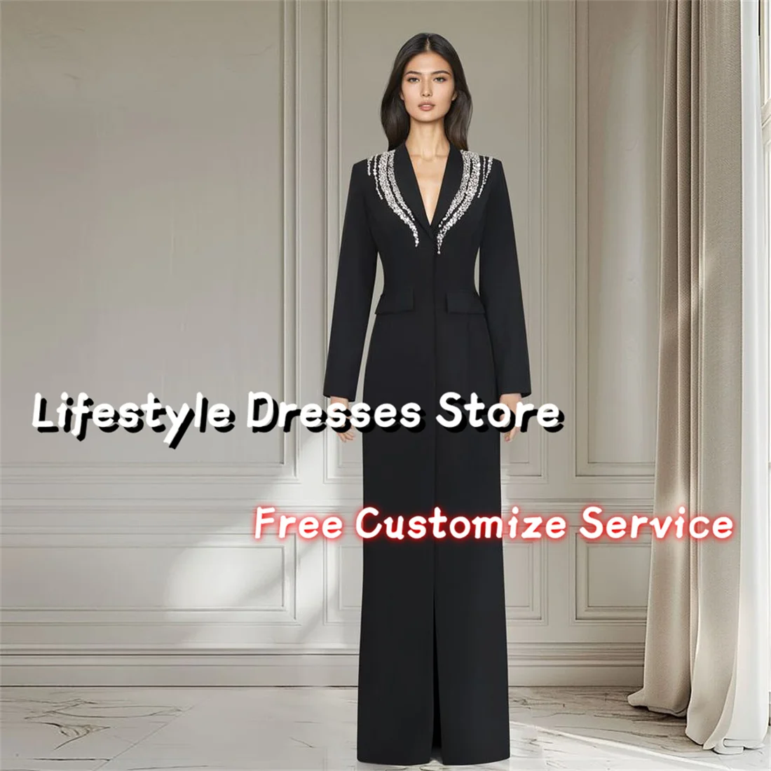 Sequins Beads Black Long Sleeves Prom Dress V-Neck Evening Gown Floor-Length Elegant Women Wedding Party Dress 2024
Sequins Beads Black Long Sleeves Prom Dress V-Neck Evening Gown Floor-Length Elegant Women Wedding Party Dress 2024