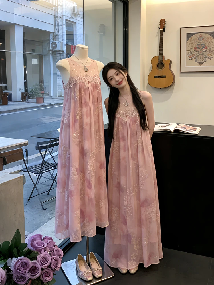 High Quality Mesh Diamond Inlaid Dresses Spring Women Sleeveless O-neck Pullover Dress High Waist Waist Loose Knee Length Dress
High Quality Mesh Diamond Inlaid Dresses Spring Women Sleeveless O-neck Pullover Dress High Waist Waist Loose Knee Length Dress