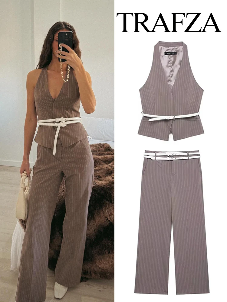 TRAFZA Women New Fashion Suit Stripe Belt V-Neck Decorate Sleeveless Vest Top+High Waist Side Pocket Zipper Wide Leg Long Pants
TRAFZA Women New Fashion Suit Stripe Belt V-Neck Decorate Sleeveless Vest Top+High Waist Side Pocket Zipper Wide Leg Long Pants