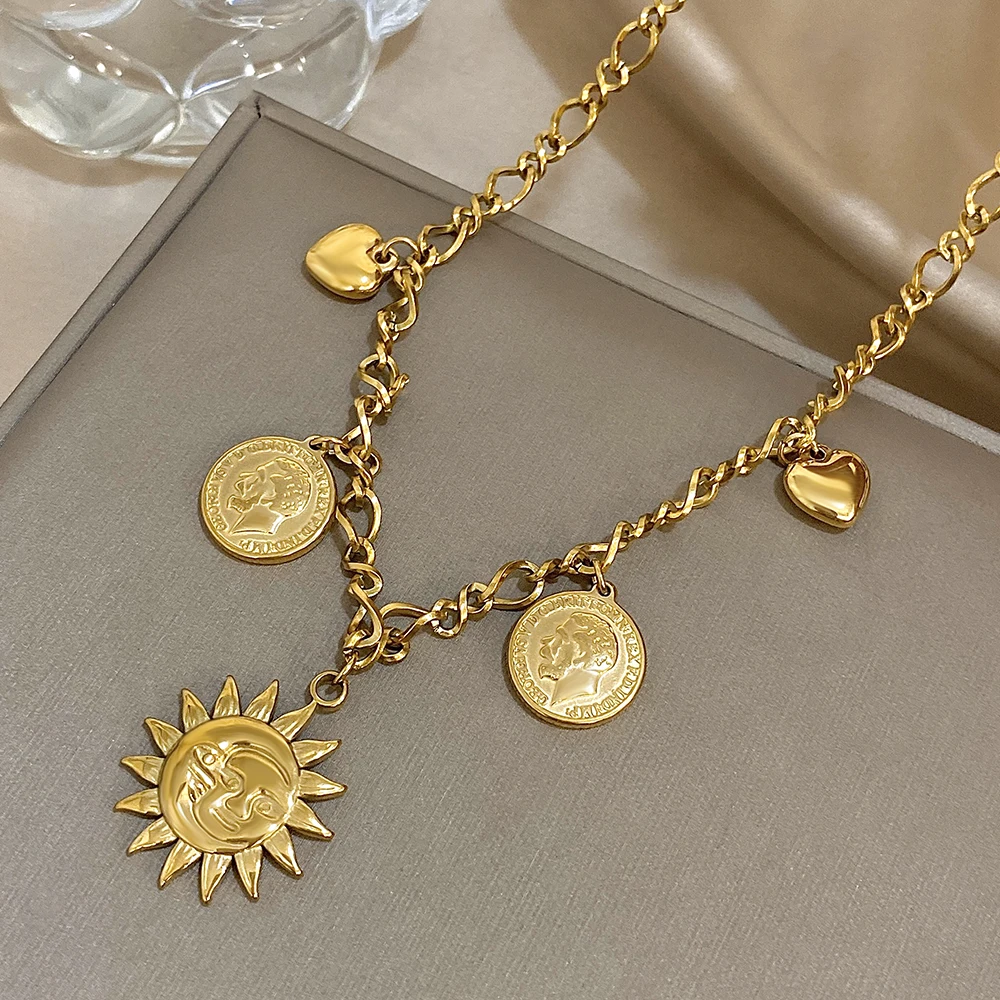 Trendy Stainless Steel Golden Sun Pendant Necklace Women Love Coin Round Dangle Necklace Summer Waterproof Neck Jewelry Gift
Trendy Stainless Steel Golden Sun Pendant Necklace Women Love Coin Round Dangle Necklace Summer Waterproof Neck Jewelry Gift