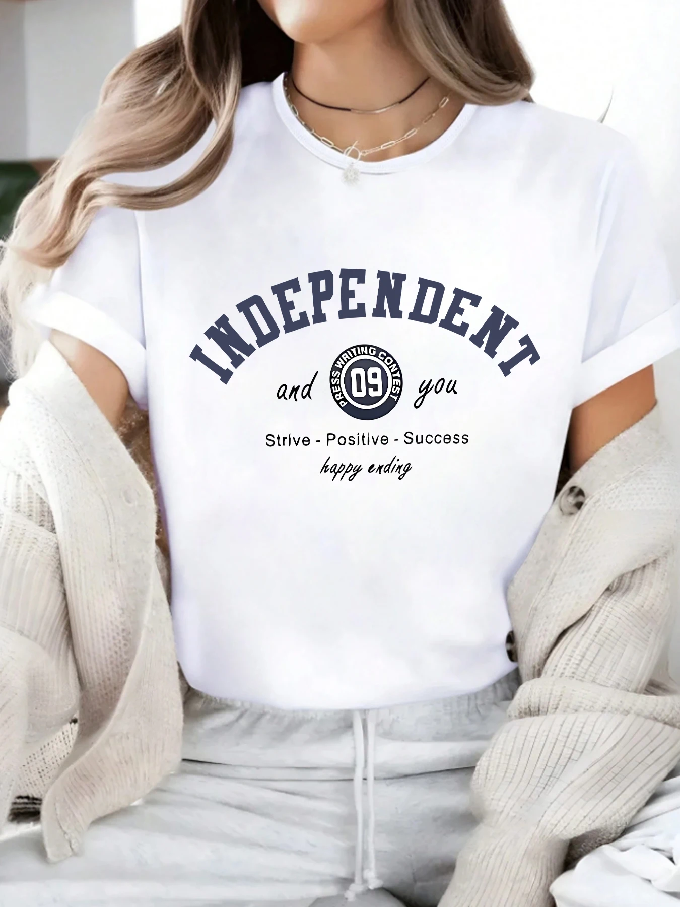 English letters Plus size women's round neck short sleeve T-shirt with elastic half sleeves and trendy prints
English letters Plus size women's round neck short sleeve T-shirt with elastic half sleeves and trendy prints