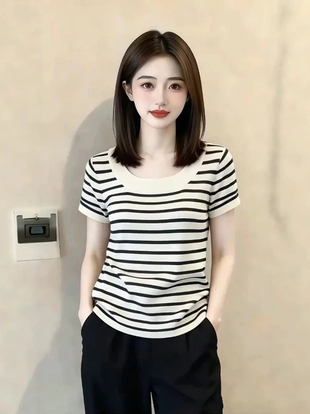 Slim Fit Knitted Short Sleeve T-Shirt Women Summer plus Size Big MM Visual Slim Design round Neck Striped Color Block Top
Slim Fit Knitted Short Sleeve T-Shirt Women Summer plus Size Big MM Visual Slim Design round Neck Striped Color Block Top