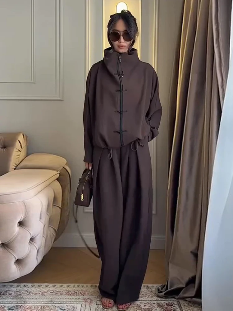 Casual Drawstring Women Outfit Chic Zipper Buttons Long Sleeve Stand Collar Female Coat Drape Wide Leg Pant Loose Streetwear Set
Casual Drawstring Women Outfit Chic Zipper Buttons Long Sleeve Stand Collar Female Coat Drape Wide Leg Pant Loose Streetwear Set