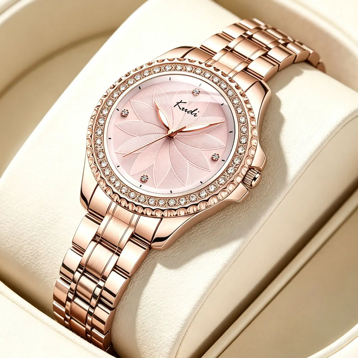 KUDI Luxury Diamond-Encrusted Rose Gold Watch for Women Fashionable Business Quartz Wristwatch Elegant Floral Design
KUDI Luxury Diamond-Encrusted Rose Gold Watch for Women Fashionable Business Quartz Wristwatch Elegant Floral Design