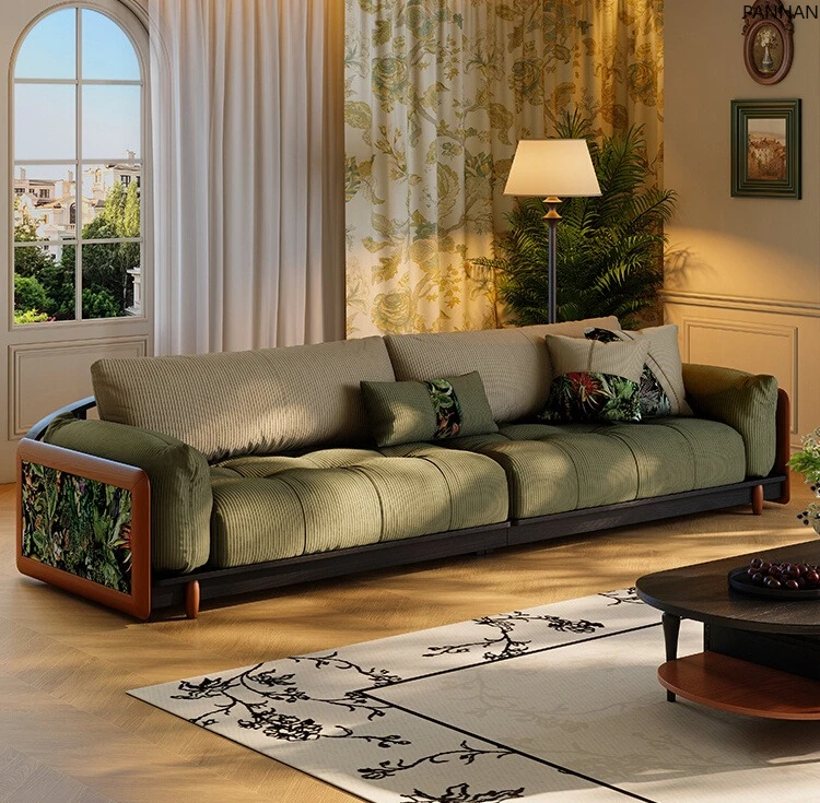 French retro straight row sofa small apartment living room American antique green fabric sofa
French retro straight row sofa small apartment living room American antique green fabric sofa