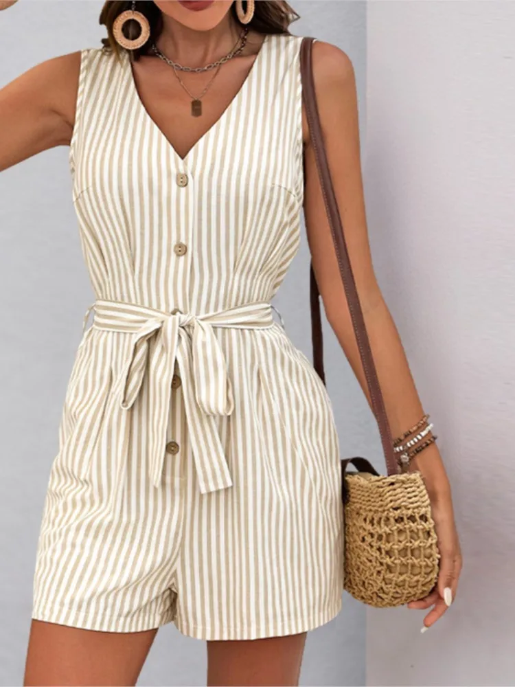 Women Shorts Jumpsuits V Neck Sleeveless Striped Print Button Lace Up High Waist Jumpsuit Female Elegant Casual Ladies Jumpsuits
Women Shorts Jumpsuits V Neck Sleeveless Striped Print Button Lace Up High Waist Jumpsuit Female Elegant Casual Ladies Jumpsuits