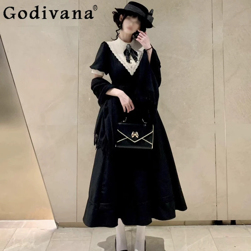 Girls Lolita Pinched Waist Dress Gothic Style Subculture Black Dark Dress Women's Spring Summer A Line Bow Collar Long Dress
Girls Lolita Pinched Waist Dress Gothic Style Subculture Black Dark Dress Women's Spring Summer A Line Bow Collar Long Dress