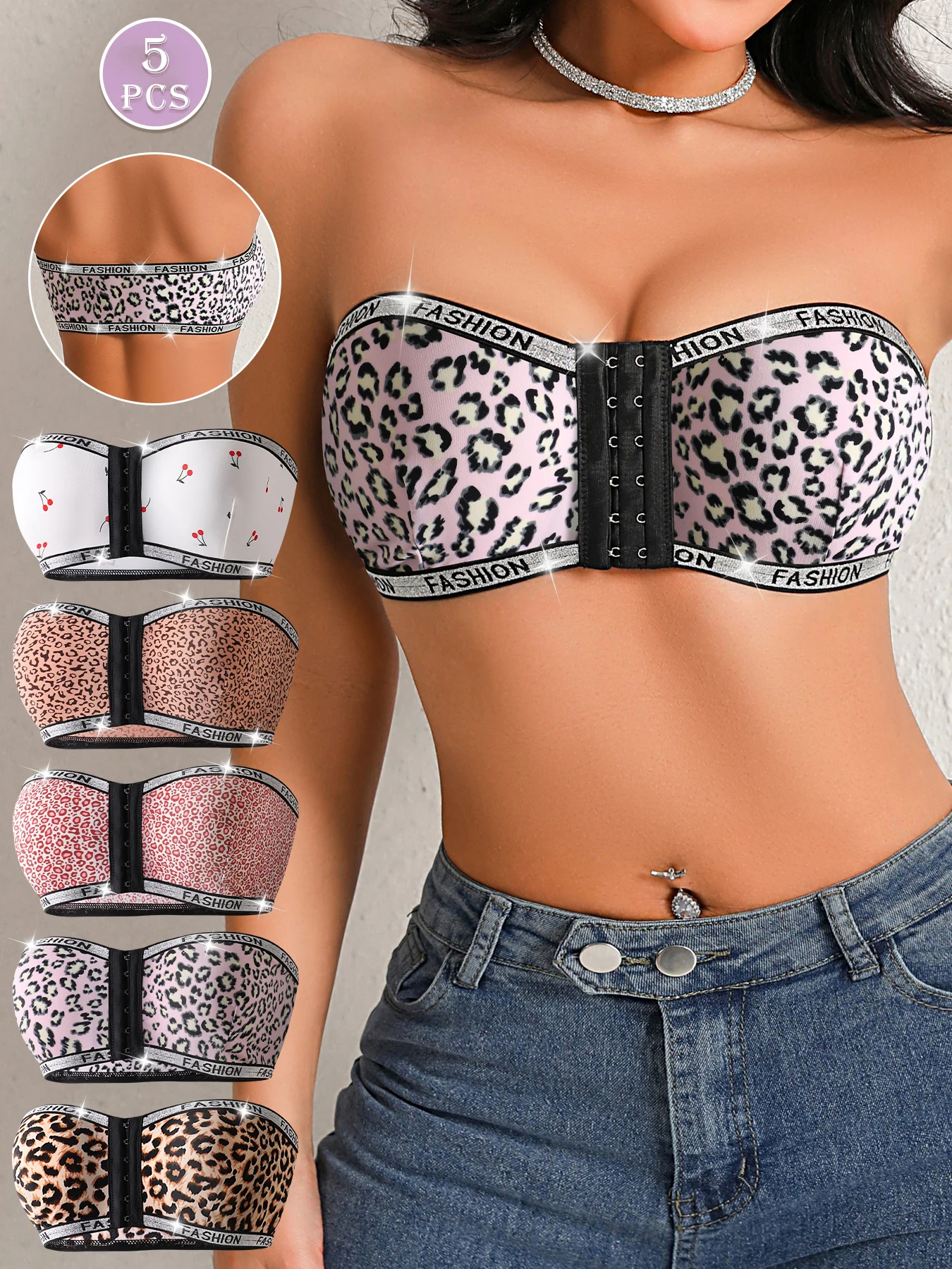 5Pcs Women's Strapless Bandeau Bra Front Closure Leopard Cherry Print Wireless Comfort Underwear Lingerie
5Pcs Women's Strapless Bandeau Bra Front Closure Leopard Cherry Print Wireless Comfort Underwear Lingerie
