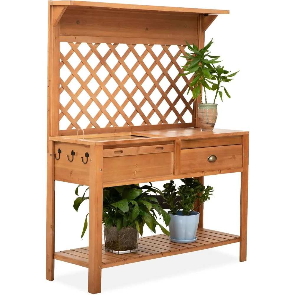 Garden Potting Bench, Outdoor Wooden Workstation Table w/Metal Screen, Drawer, Hooks, Storage Shelf, and Lattice Back for Patio
Garden Potting Bench, Outdoor Wooden Workstation Table w/Metal Screen, Drawer, Hooks, Storage Shelf, and Lattice Back for Patio