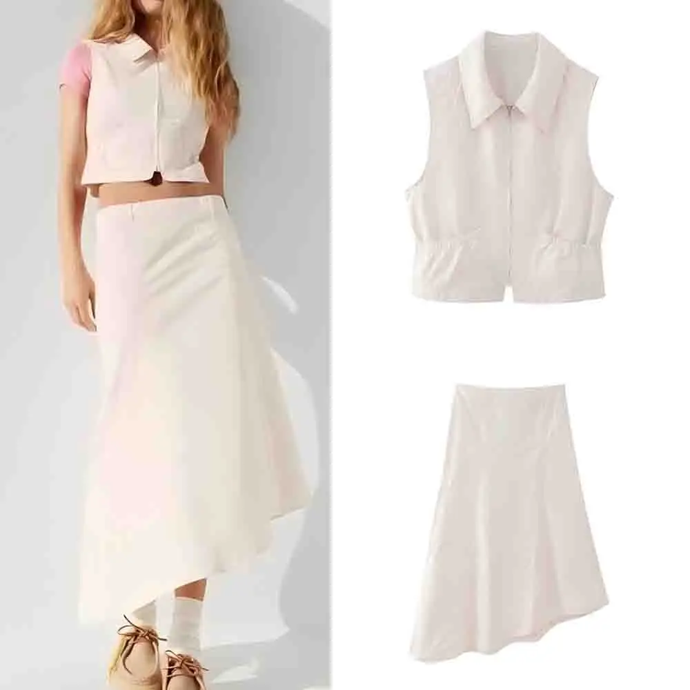 Women's new fashion pocket decoration casual short lapel jacket vest retro sleeveless zipper women's vest chic top+Skirts suit
Women's new fashion pocket decoration casual short lapel jacket vest retro sleeveless zipper women's vest chic top+Skirts suit