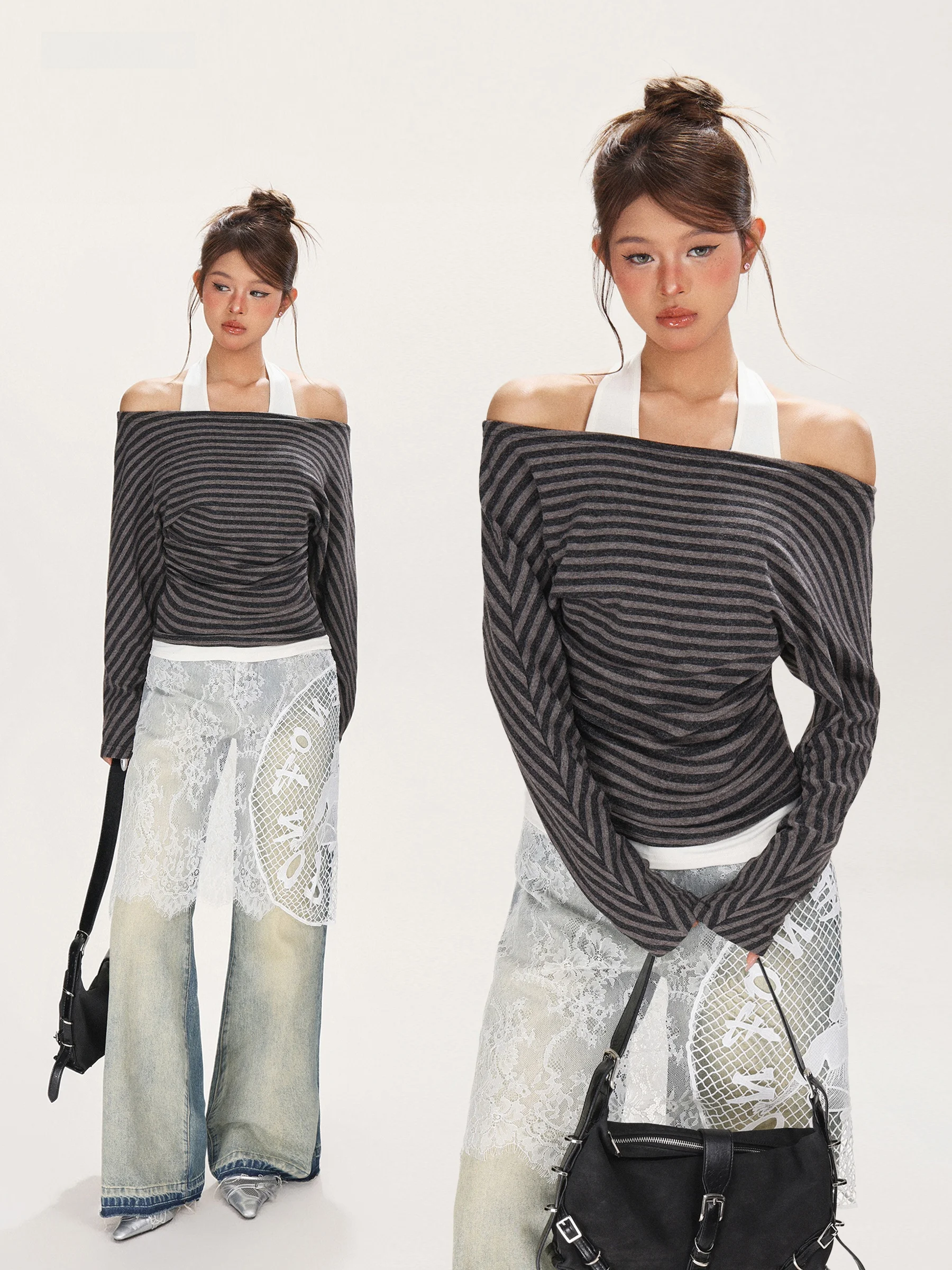 Women's Loose Stripe T-irt oulder Baring Waist Cinching Base Layer Top American Sle Fake Two-Piece Ne Hanging Design
Women's Loose Stripe T-irt oulder Baring Waist Cinching Base Layer Top American Sle Fake Two-Piece Ne Hanging Design