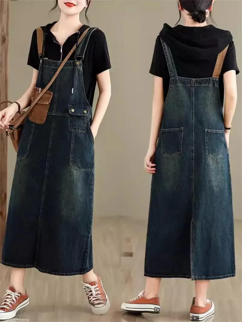 Summer Art Large Size Contrast Pocket Denim Strap Dress Fashion Loose Slim Back Split Jeans Dress For Women Overall JJ294
Summer Art Large Size Contrast Pocket Denim Strap Dress Fashion Loose Slim Back Split Jeans Dress For Women Overall JJ294