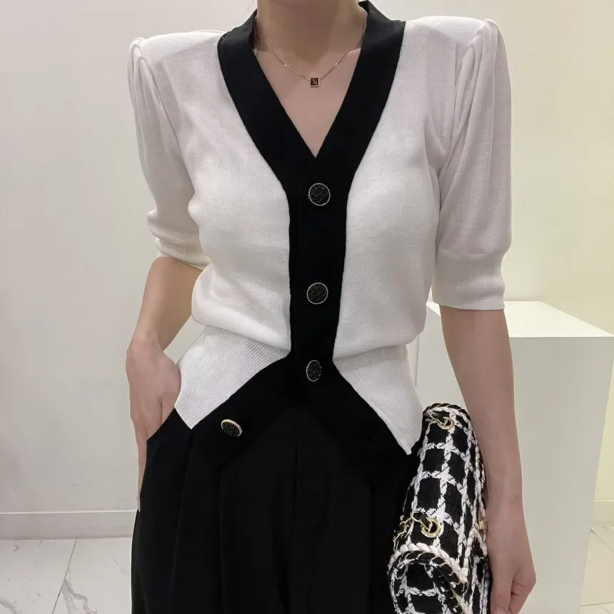Summer Short Sleeve Tops Korean Contrast Thin Patchwork White Shirt Casual Button Ice Silk Knit Blouse Women Blusas Mujer 26384
Summer Short Sleeve Tops Korean Contrast Thin Patchwork White Shirt Casual Button Ice Silk Knit Blouse Women Blusas Mujer 26384