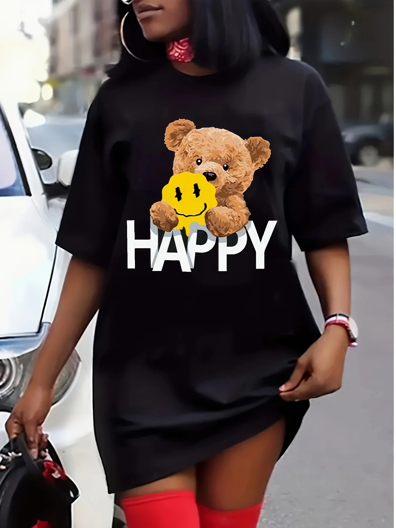 Women's Summer Casual Loose Size HAPPY BEAR Crew Neck Breathable cartoon Print Round Neck Short Sleeve T-shirt Dress
Women's Summer Casual Loose Size HAPPY BEAR Crew Neck Breathable cartoon Print Round Neck Short Sleeve T-shirt Dress