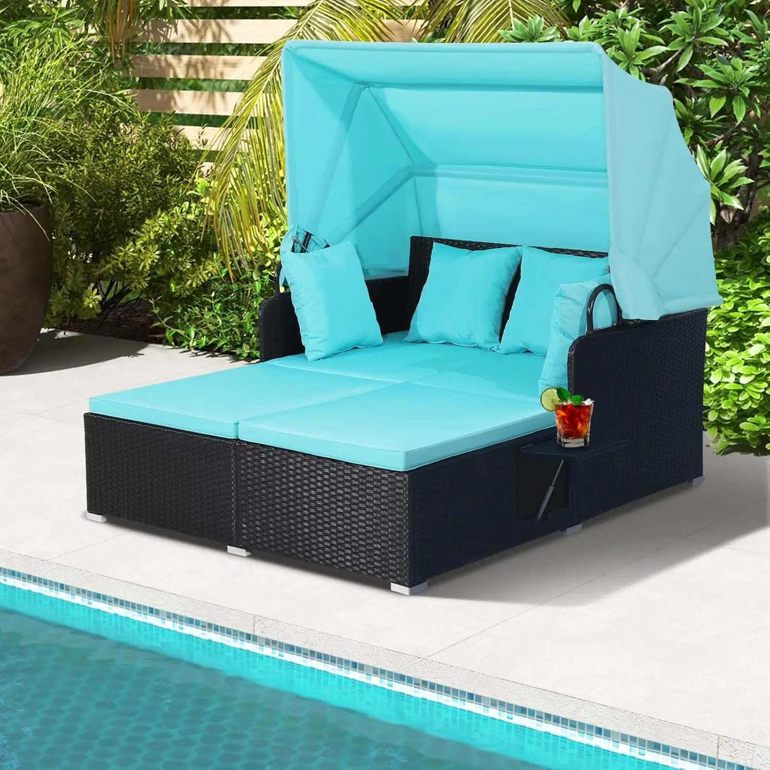 Outdoor Daybed, 2-Person Wicker Chaise Lounge With Retractable Canopy, Cushions & Pillows, 2 Side Trays, Patio Double Sofa Pe
Outdoor Daybed, 2-Person Wicker Chaise Lounge With Retractable Canopy, Cushions & Pillows, 2 Side Trays, Patio Double Sofa Pe