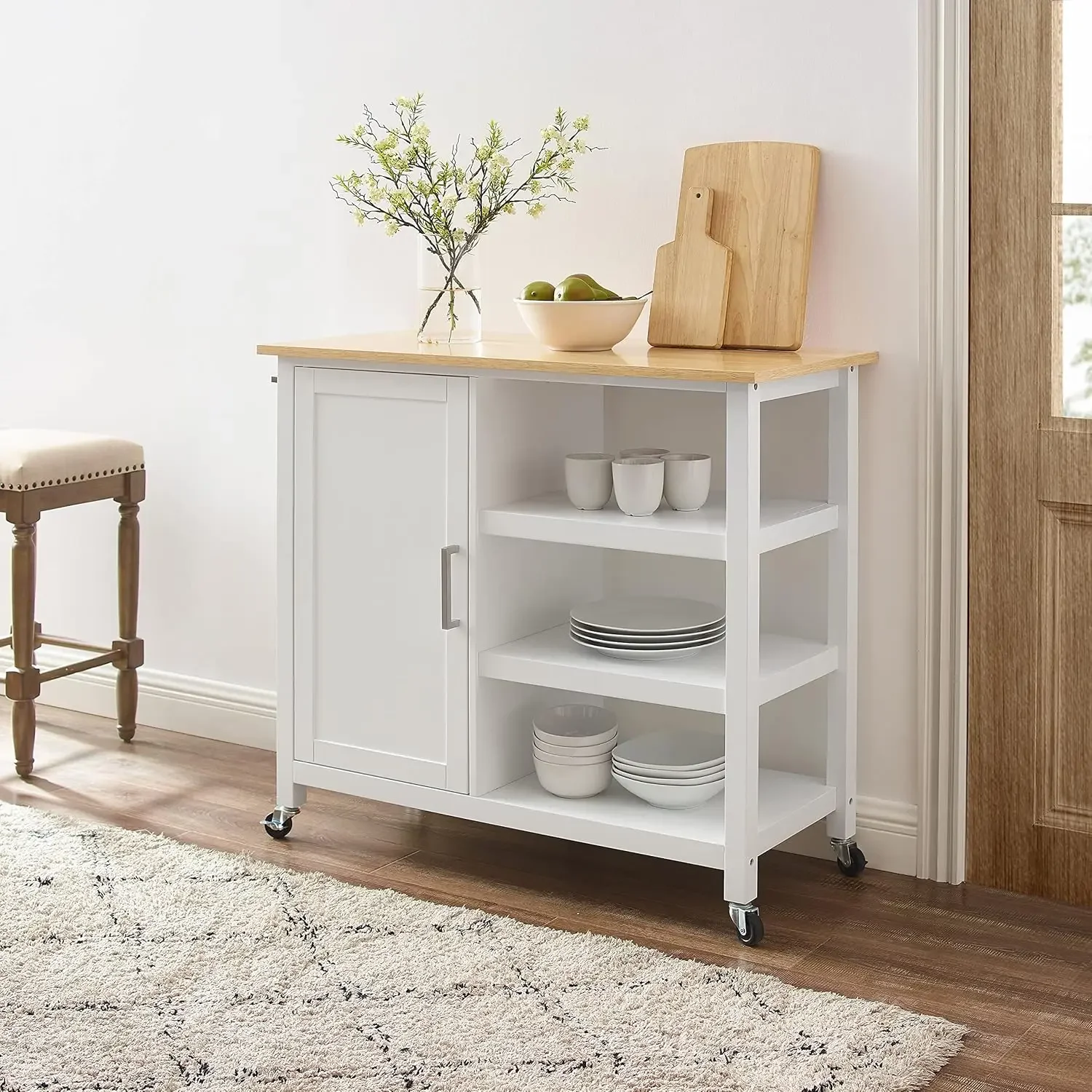 Crosley Furniture Tristan Open Storage Kitchen Cart with Natural Wood Top, White
Crosley Furniture Tristan Open Storage Kitchen Cart with Natural Wood Top, White