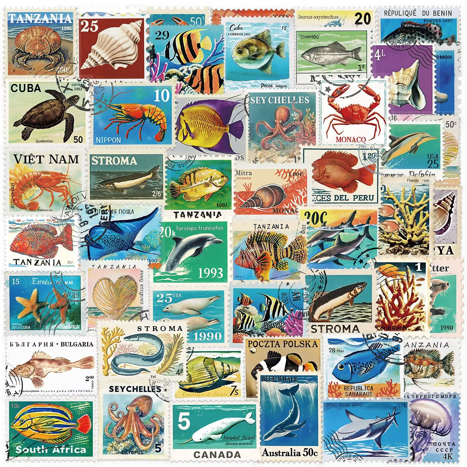 50pcs Cartoon Vintage Marine Animal Stamps Transparent Waterproof Sticker Decoration Suitcase Laptop Phone PET DIY Decals
50pcs Cartoon Vintage Marine Animal Stamps Transparent Waterproof Sticker Decoration Suitcase Laptop Phone PET DIY Decals