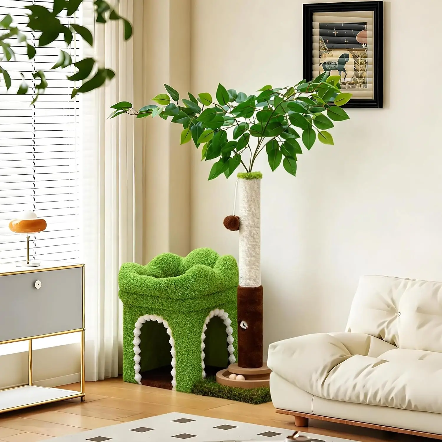 Small Cat Tree with Scratching Post and Ball Track, Green Cat Tower with Lifelike Leaves for Kittens and Small Cats, 2-D
Small Cat Tree with Scratching Post and Ball Track, Green Cat Tower with Lifelike Leaves for Kittens and Small Cats, 2-D