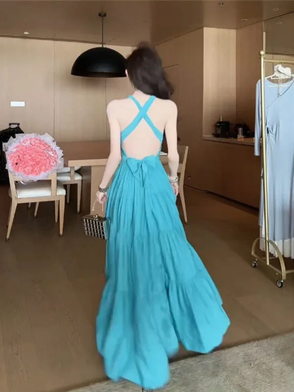 Elegant Sexy Blue Backless Neckline Dress Women's Summer Beach Vacation High Waist A-Line Long Skirt Korean Style V-Neck Dress
Elegant Sexy Blue Backless Neckline Dress Women's Summer Beach Vacation High Waist A-Line Long Skirt Korean Style V-Neck Dress