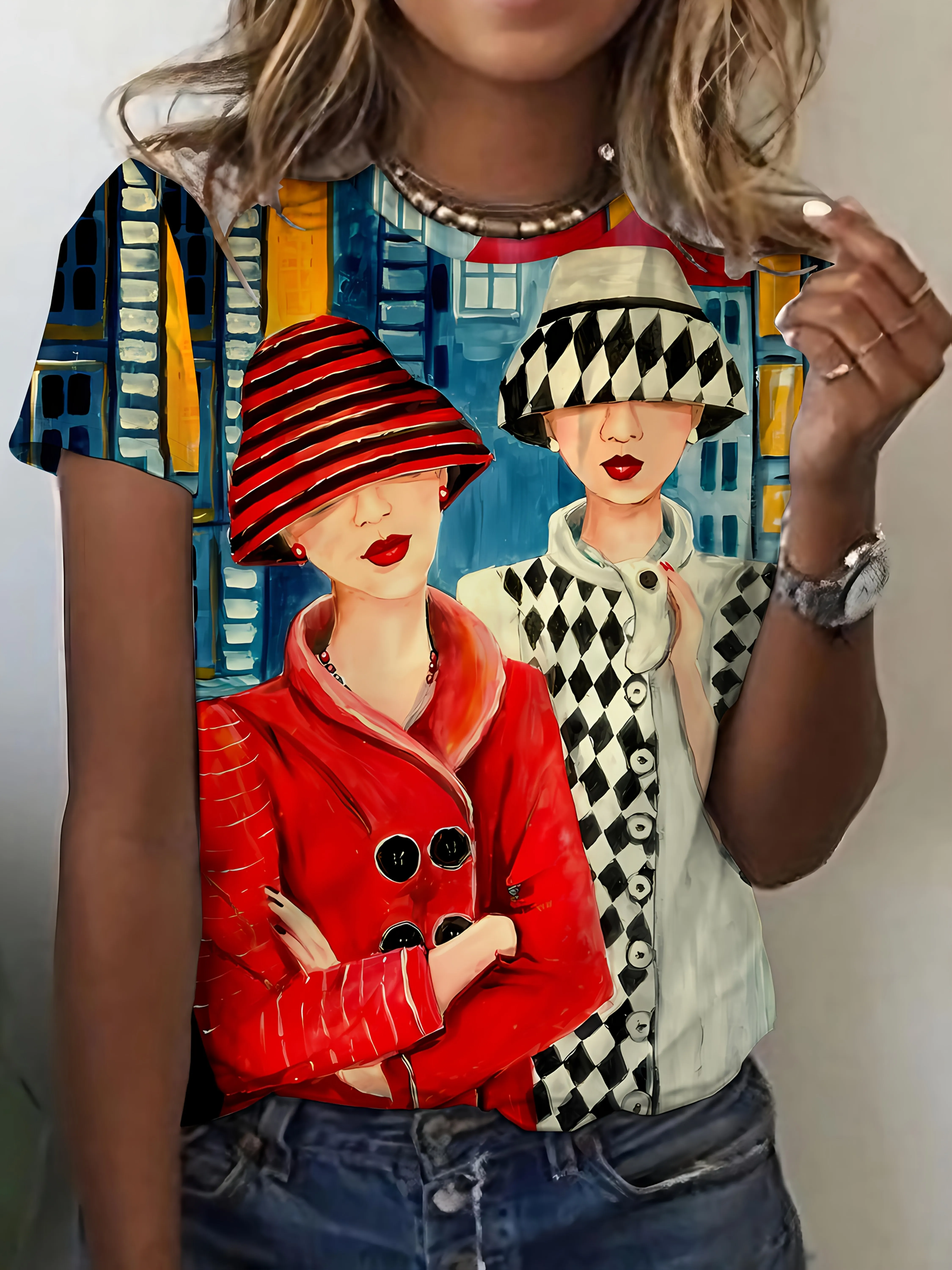 Retro Fashion Women's Tee - Stylish Duo & Bold Pattern Graphic, Artistic Print Design for Casual Daily Wear
Retro Fashion Women's Tee - Stylish Duo & Bold Pattern Graphic, Artistic Print Design for Casual Daily Wear