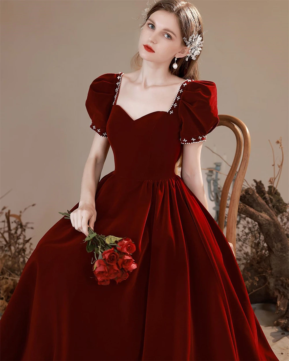 Customized Classic Burgundy Velvet Strapless Off the Shoulder Short Sleeves Elegant A-Line Ankle Length Crystal Evening Dress
Customized Classic Burgundy Velvet Strapless Off the Shoulder Short Sleeves Elegant A-Line Ankle Length Crystal Evening Dress