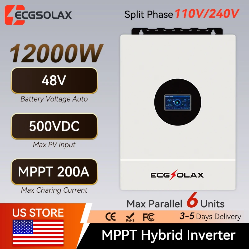 ECGSOLAX 12KW Hybrid Solar Inverter 48V 110V 240V Split Phase Pure Sine Wave Inverter With MPPT 200A Solar Charger Max PV 500VDC
ECGSOLAX 12KW Hybrid Solar Inverter 48V 110V 240V Split Phase Pure Sine Wave Inverter With MPPT 200A Solar Charger Max PV 500VDC