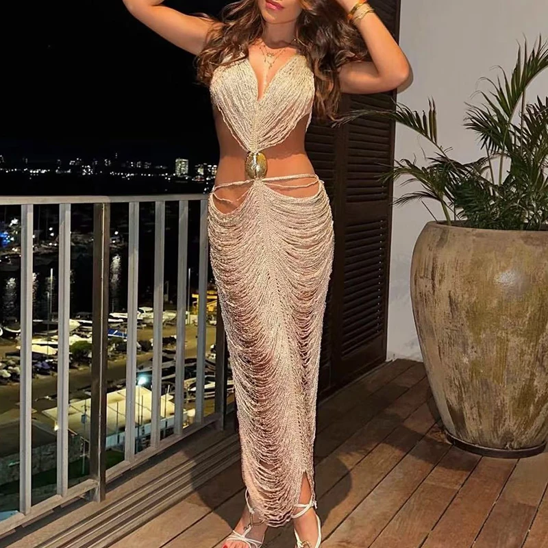 Sexy Tassel Hollow Out Wrap Hips Dress Elegant Sleeveless Halter Solid Color Evening Dress New Backless Women Slim Banquet Dress
Sexy Tassel Hollow Out Wrap Hips Dress Elegant Sleeveless Halter Solid Color Evening Dress New Backless Women Slim Banquet Dress