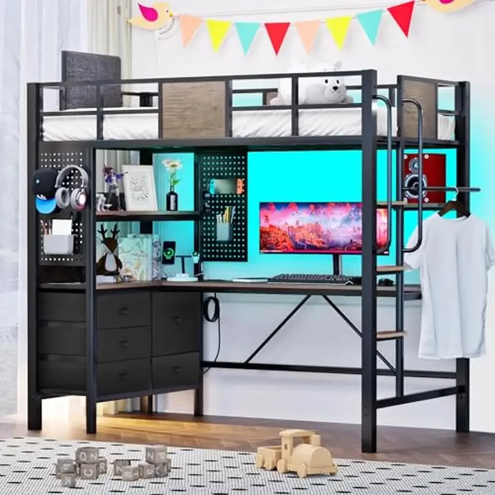 Twin Loft Bed with L-Shaped Desk Charging Station Storage Shelves LED Lights Music Sync Safe Guardrail & Wooden Ladder
Twin Loft Bed with L-Shaped Desk Charging Station Storage Shelves LED Lights Music Sync Safe Guardrail & Wooden Ladder