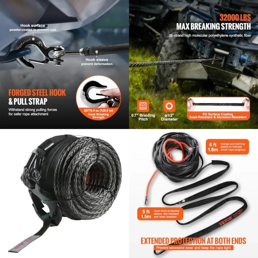 Synthetic Winch Rope, 1/2 Inch x 92 Feet 32,000 lbs Synthetic Winch Line Cable Rope with Protective Sleeve + Forged Winch Hook + Pull Strap, Universal Fit for SUV, Large Off-Road Vehicle, Truck
Synthetic Winch Rope, 1/2 Inch x 92 Feet 32,000 lbs Synthetic Winch Line Cable Rope with Protective Sleeve + Forged Winch Hook + Pull Strap, Universal Fit for SUV, Large Off-Road Vehicle, Truck