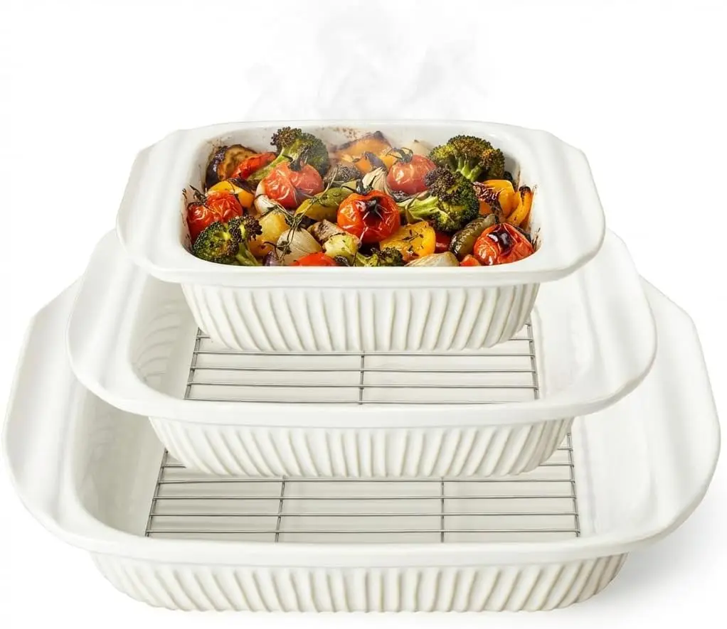 Ceramic Casserole Dishes for Oven, 3-Piece Baking Set with Handles, Rectangular Bakeware Deep, White, 5.1Qt/2.3Qt/1.1Qt
Ceramic Casserole Dishes for Oven, 3-Piece Baking Set with Handles, Rectangular Bakeware Deep, White, 5.1Qt/2.3Qt/1.1Qt