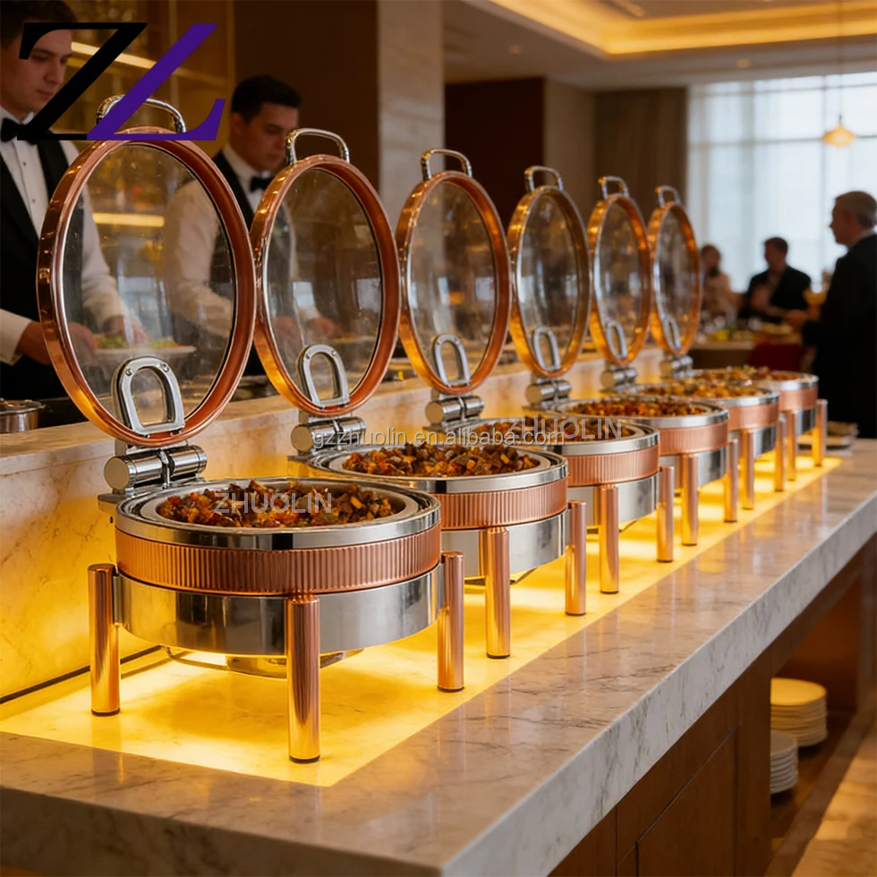 Restaurant Supplies Luxury Hotel Tableware Banquet Set up High End Shafting Dishes Rose Gold Food Warmer Chafing Dish Buffet Set
Restaurant Supplies Luxury Hotel Tableware Banquet Set up High End Shafting Dishes Rose Gold Food Warmer Chafing Dish Buffet Set