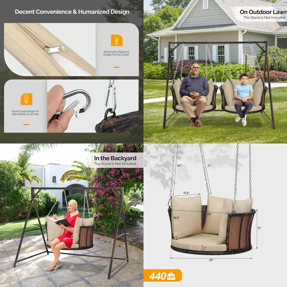 1-Person Rattan Porch Swing with Cushions, Up to 440 lbs, Adjustable Chains, Brown
1-Person Rattan Porch Swing with Cushions, Up to 440 lbs, Adjustable Chains, Brown