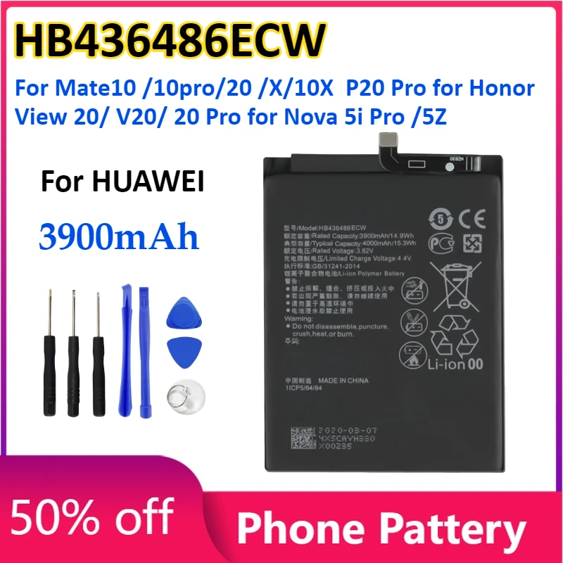 HB436486ECW Аккумулятор для телефона 3900 мАч для HUAWEI Mate10/10pro/20/X/10X P20Pro для Honor View 20/V20/20 Pro для Nova 5i Pro/5Z
HB436486ECW Аккумулятор для телефона 3900 мАч для HUAWEI Mate10/10pro/20/X/10X P20Pro для Honor View 20/V20/20 Pro для Nova 5i Pro/5Z