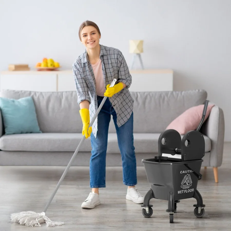 Mop Bucket with Wringer on Wheels for Floor Cleaning 27.5 Quart Down Press Wringer with Handle and Mop Black
Mop Bucket with Wringer on Wheels for Floor Cleaning 27.5 Quart Down Press Wringer with Handle and Mop Black