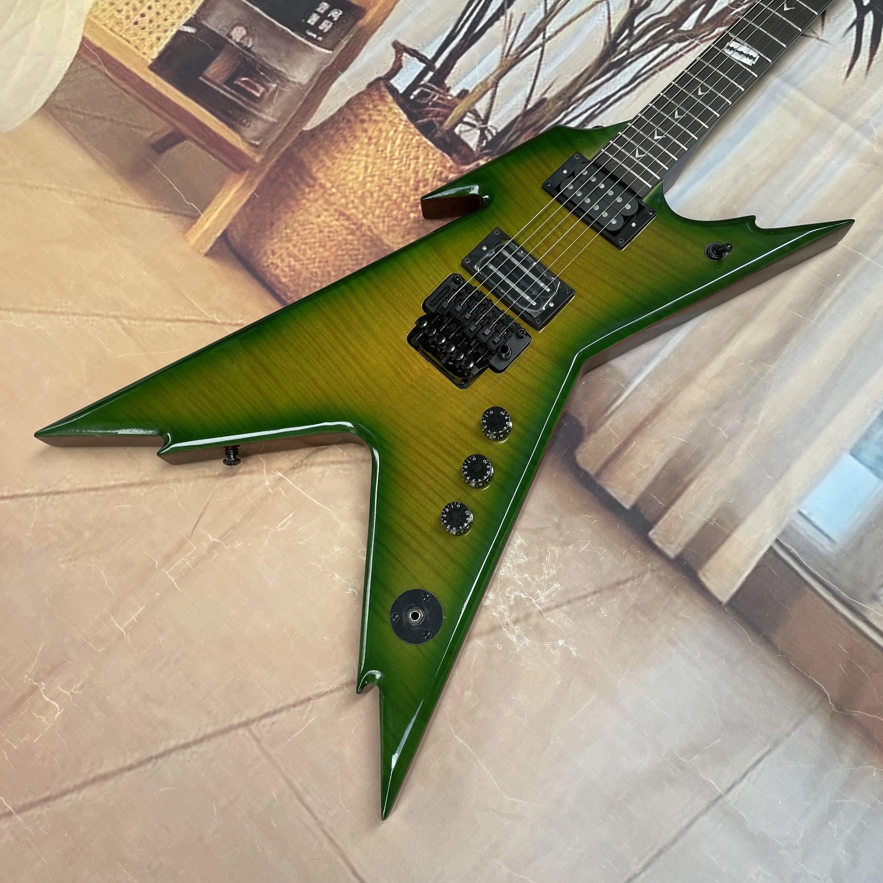 Green tiger stripe gradient fork-shaped electricguitar,double-locking system,high-output pickup guitars,heavy metal rockguitarra
Green tiger stripe gradient fork-shaped electricguitar,double-locking system,high-output pickup guitars,heavy metal rockguitarra