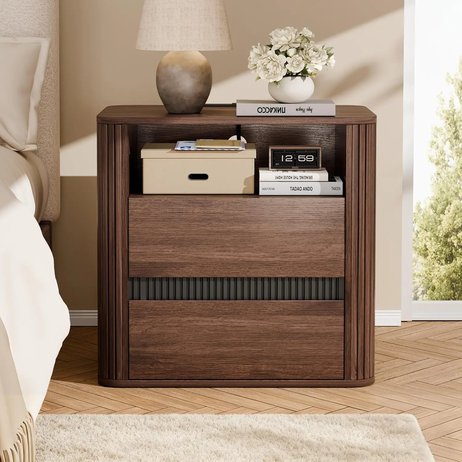 Nightstand With Charging Station, Walnut Bedside Table With 2 Drawers & Open Shelf, Fluted Rounded Edge Night, Customized
Nightstand With Charging Station, Walnut Bedside Table With 2 Drawers & Open Shelf, Fluted Rounded Edge Night, Customized