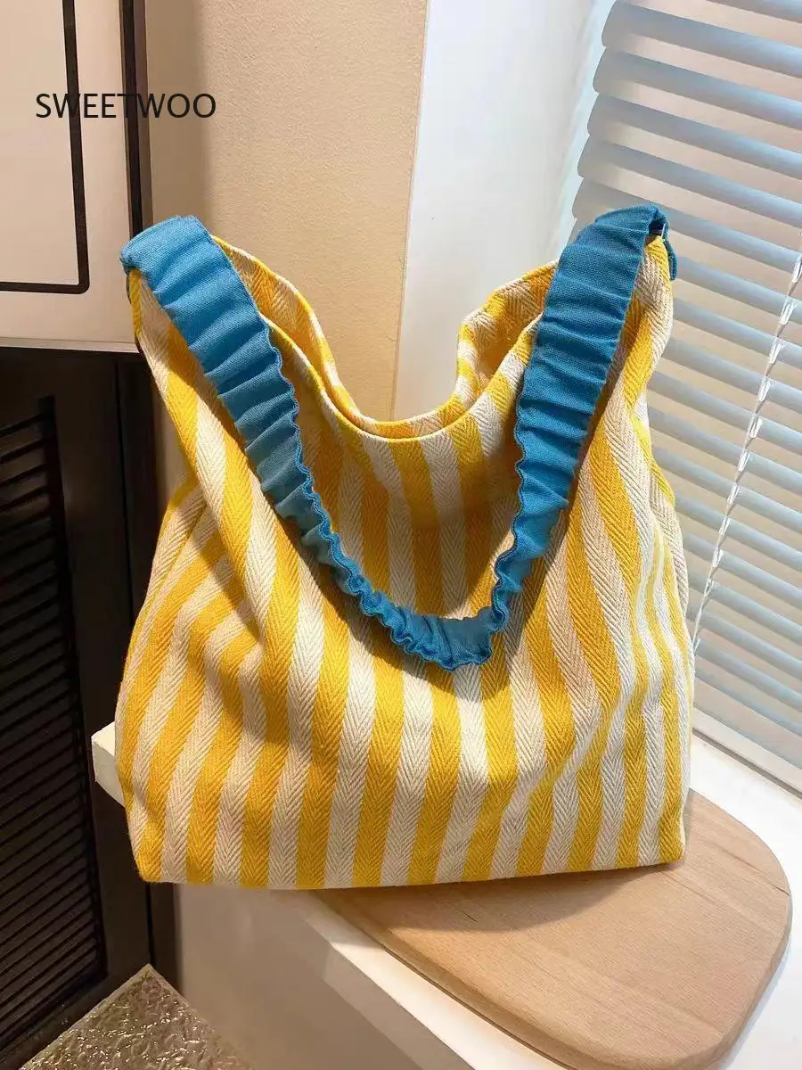 Striped Canvas Tote Bag with Ruched Handle, Large Capacity Casual Shoulder Shopper
Striped Canvas Tote Bag with Ruched Handle, Large Capacity Casual Shoulder Shopper