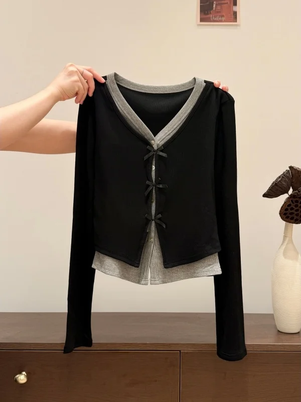 Outlet Fashion Knot Long Sleeve Short T-shirt Women's Slim Fit Spring Season Korean Style Patchwork Top
Outlet Fashion Knot Long Sleeve Short T-shirt Women's Slim Fit Spring Season Korean Style Patchwork Top