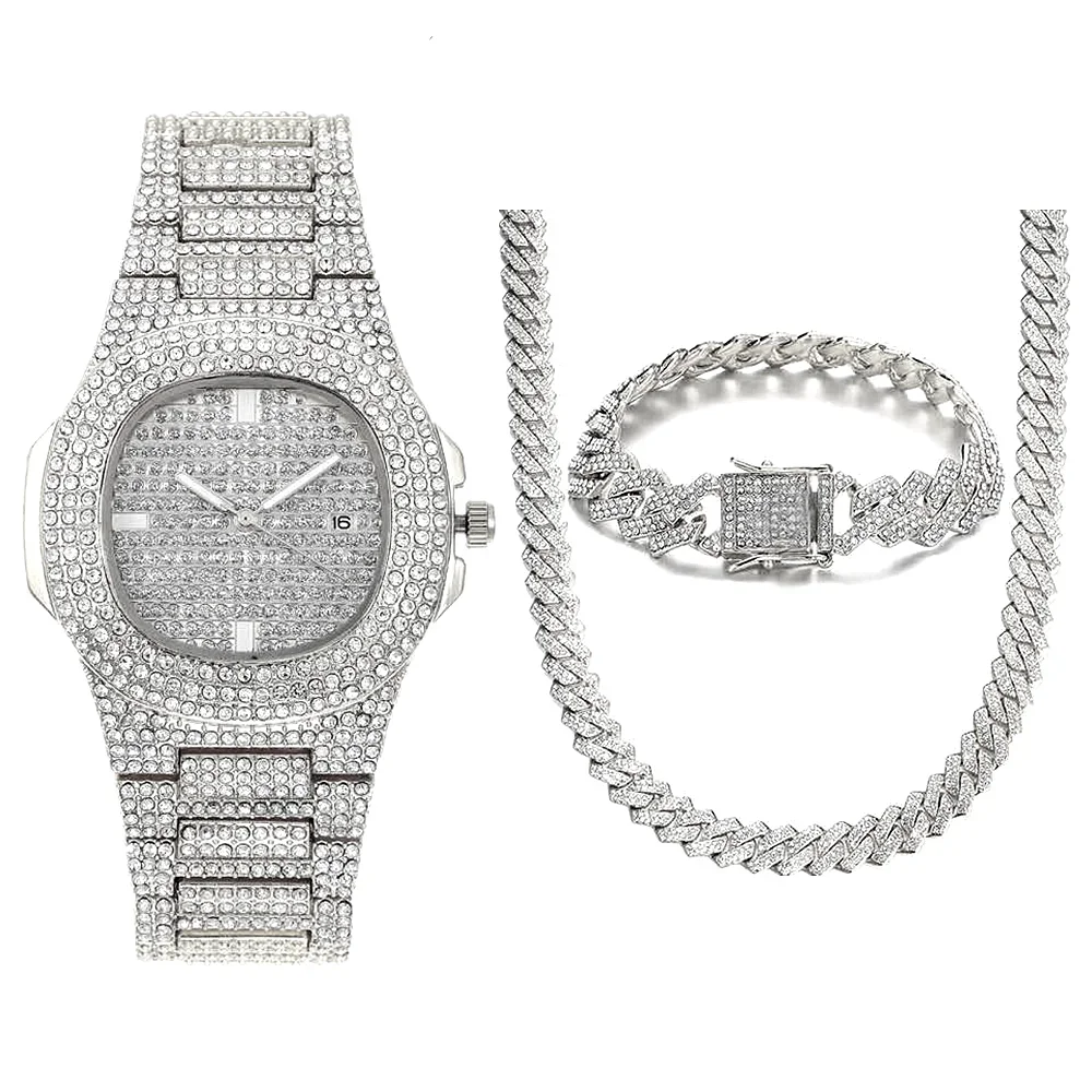 Hip Hop Miami Cuban Chain Big Gold Chain Iced Out Chain Necklace Bracelet Watch Fashion Jewelry Rhinestone Bling Mens Watch Set
Hip Hop Miami Cuban Chain Big Gold Chain Iced Out Chain Necklace Bracelet Watch Fashion Jewelry Rhinestone Bling Mens Watch Set
